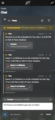 Team chat on a phone. Three announcements each show an event link card reading Continue in the event thread. At the bottom the composer has a Practice event attached above the message box, with a message being typed and an Announce button beside Send.