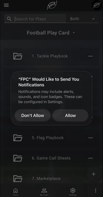 The iOS notification permission prompt reading: FPC Would Like to Send You Notifications. Notifications may include alerts, sounds, and icon badges. These can be configured in Settings. Two buttons, Don't Allow and Allow.