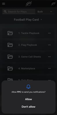 The Android notification permission prompt reading: Allow FPC to send you notifications? with Allow and Don't allow.