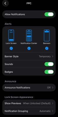 The iPhone Settings, Notifications, FPC screen with Allow Notifications turned on, and Lock Screen, Notification Center and Banners all ticked.