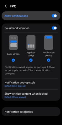 The Android FPC notification settings screen with Allow notifications turned on, and Lock screen, App icon badge and Notification pop-up all ticked.