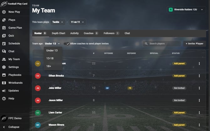 The My Team Roster tab with the Team age: menu open, showing Under 13, 13-18 and 18+.